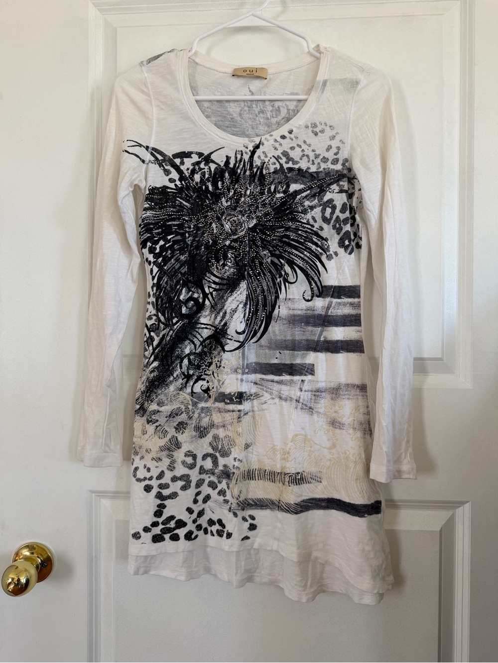 Oui Moments Y2K Embellished Graphic Long Sleeve Mini Dress 100% Cotton Size 2